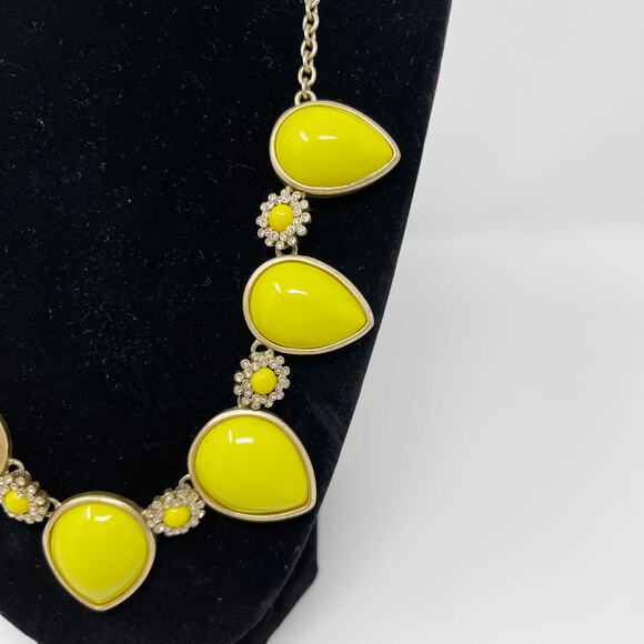 J Crew Yellow Cabochon Clear Rhinestone Necklace Gold Tone Statement Fashion - Picture 2 of 5